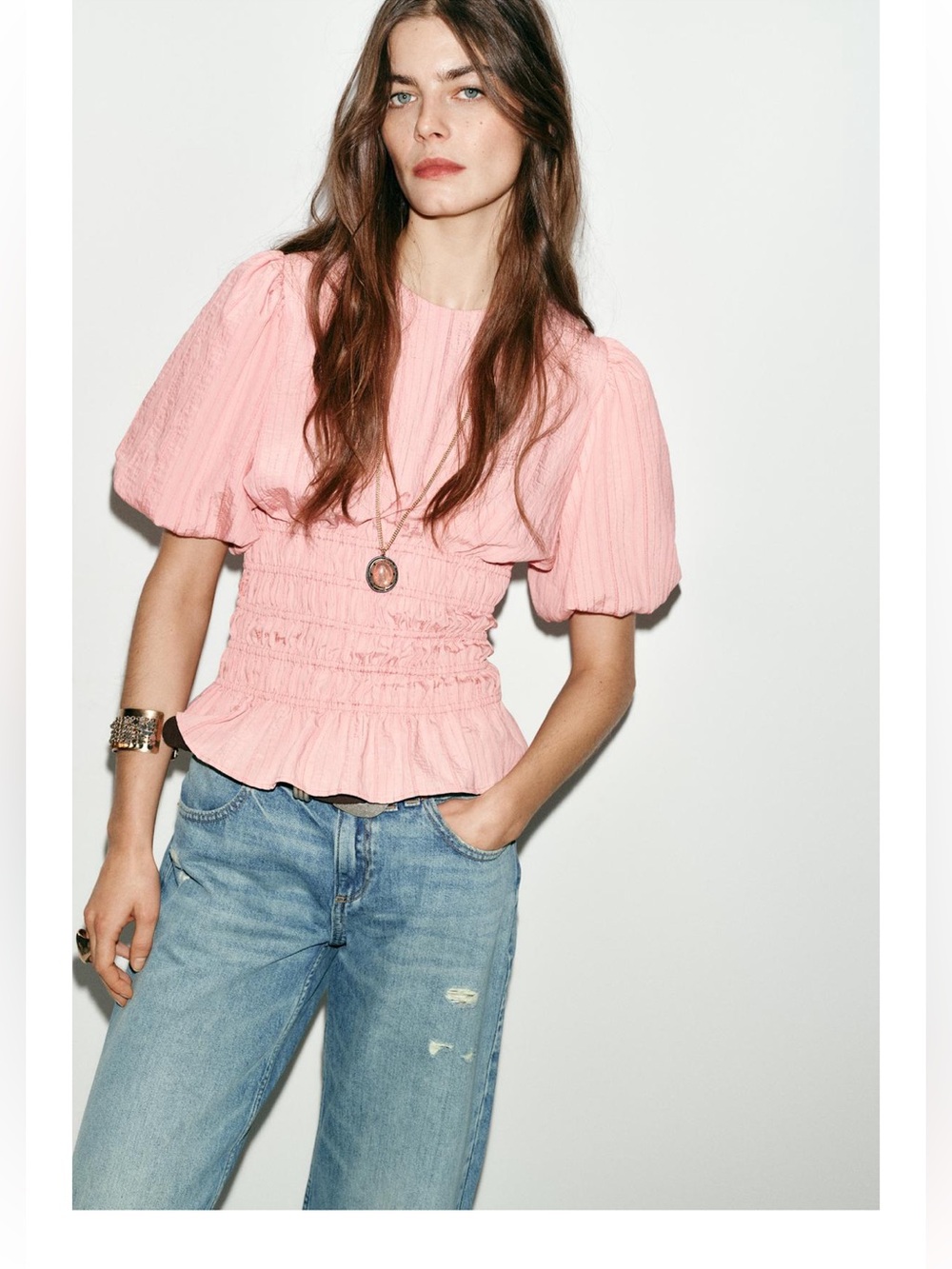 Zara Pink Smocked Peplum Puff Sleeves Top, M
